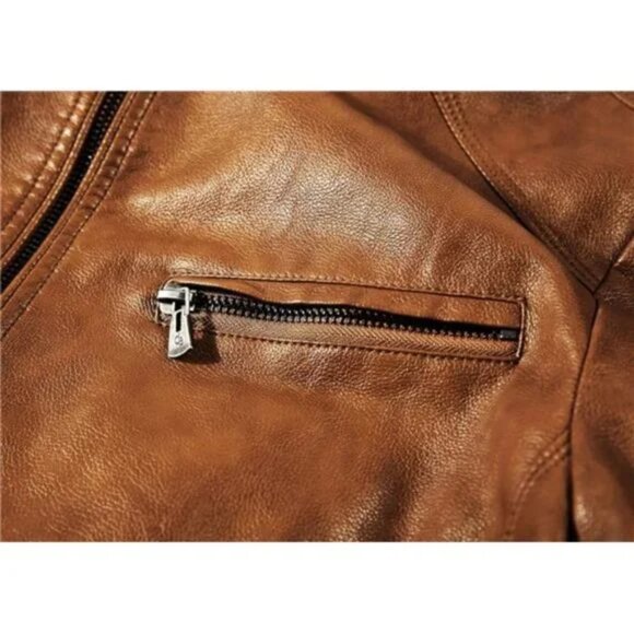 Men's Stand Collar Leather Jacket Motorcycle Lightweight Faux Leather, Brown - Picture 5 of 7